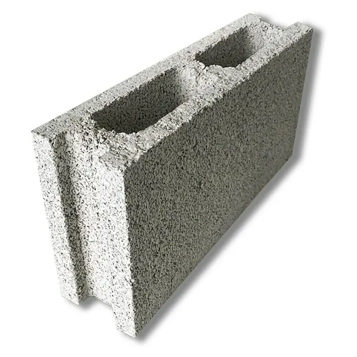 BHS Madrid Bloque de hormigón poroso caravista - 40 x 20 x 20 cm, Gris, Hormigón - Primer plano de un bloque de hormigón gris, utilizado para proyectos de construcción, sobre un fondo oscuro.