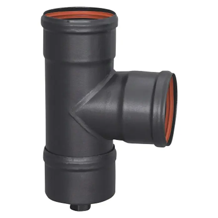 Practic T para pellets 90º M-H-H con tapón purga - Diámetro: 80 mm, Negro - La imagen muestra una T de fontanería negra con junta naranja. Perfecto para instalaciones de fontanería y aguas residuales.
