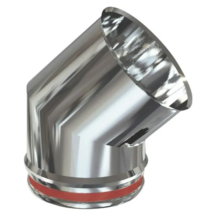 Practic Codo de tubo pared simple - Diámetro: 150 mm, 45 °, Acero inoxidable - En la imagen, un codo de tubo de estufa cromado, ideal para conexiones de chimenea. Destaca por su acabado de alta calidad y un diseño moderno.