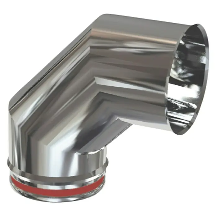 Practic Codo de tubo pared simple - Diámetro: 125 mm, 88 °, Acero inoxidable - Un tubo de codo plateado brillante con un anillo de sellado rojo en la parte inferior, ideal para sistemas de humos.