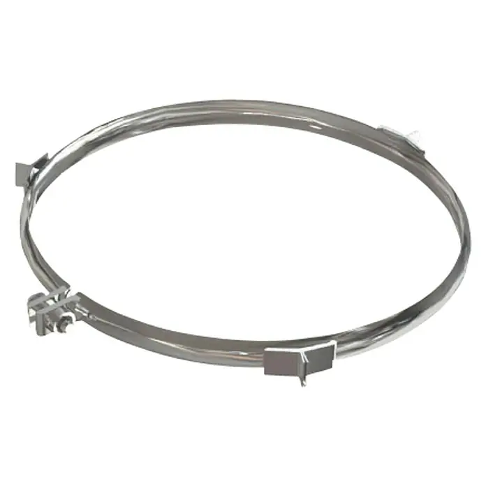 Practic Abrazadera para tubo pared simple vientos - Diámetro: 200 mm, Acero inoxidable - Vista detallada de un anillo de tensión plateado con cierres prominentes, combinando estabilidad con una estética moderna.