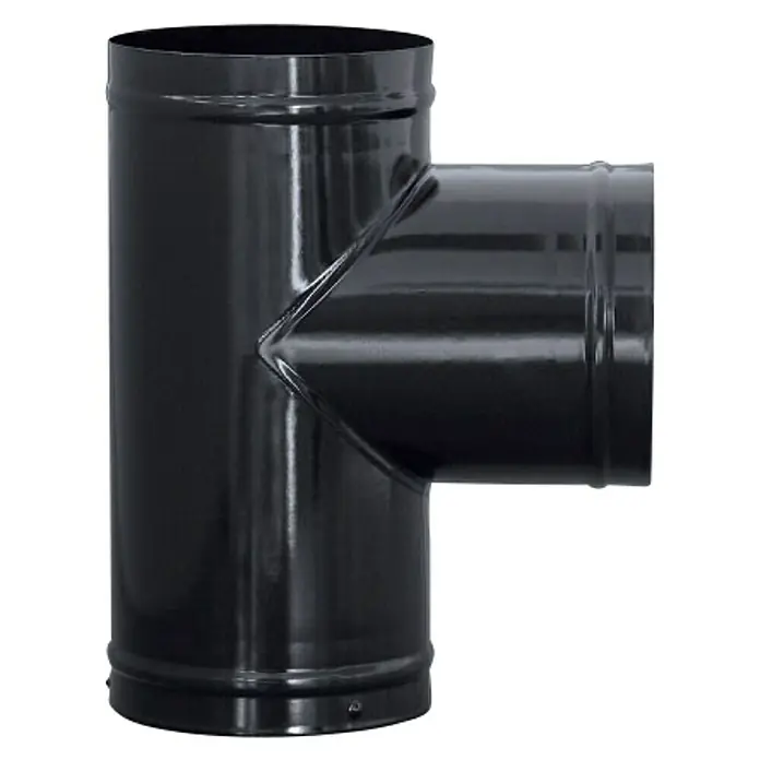 Practic Te para estufas 90º - Diámetro: 150 mm, Negro - Esta imagen muestra una T negra para tubos de estufa, diseñada para conectar conductos de humo en sistemas de calefacción, garantizando durabilidad y resistencia al calor.