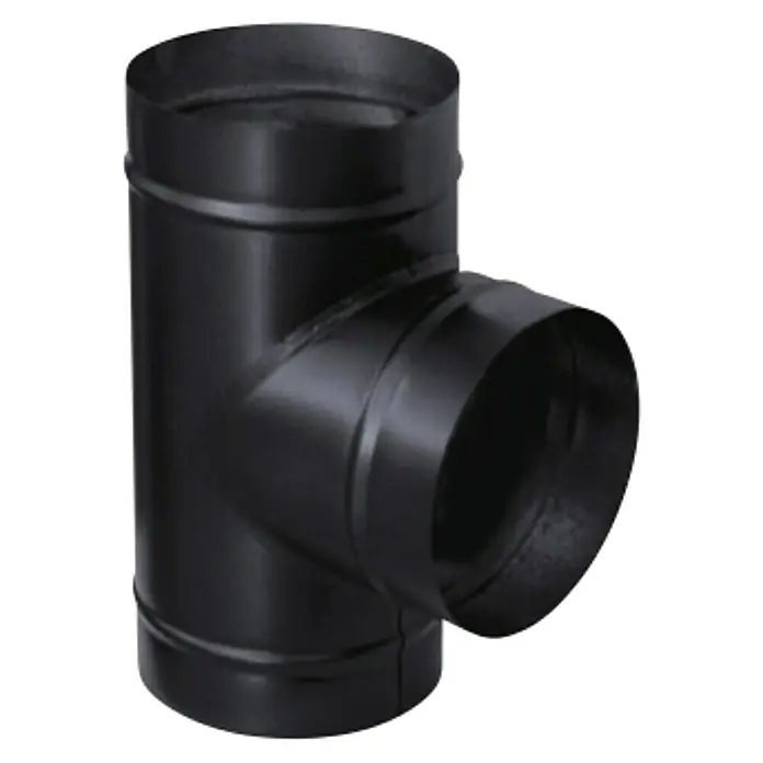 Practic Te para estufas - Diámetro: 150 mm, Negro - Imagen de una T negra para tubo de estufa, utilizada para conectar tubos de estufa y sistemas de escape. Construcción duradera para un rendimiento fiable.