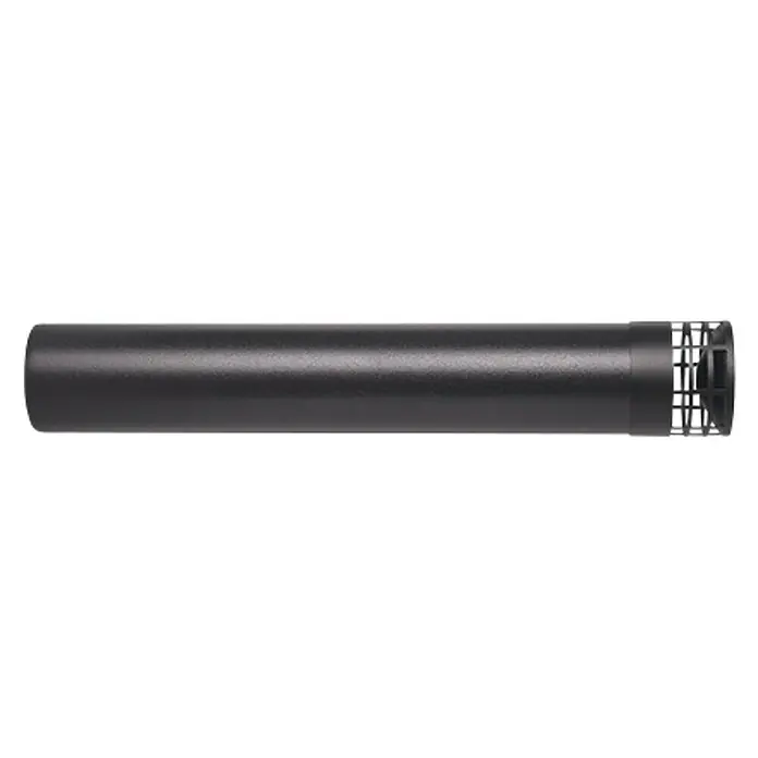 Practic Tubo para pellets tramo final evacuación lateral - Negro - Primer plano de un micrófono de condensador negro, diseñado para la grabación de sonido profesional. Óptimo para estudio y escenario.