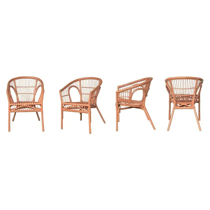Sillón de jardín Maribel - An x Pr x Al: 58 x 57 x 77 cm, Terracota, Ratán natural - Una impresionante silla de mimbre presentada en cuatro vistas diferentes, destacando su textura y diseño desde múltiples ángulos.