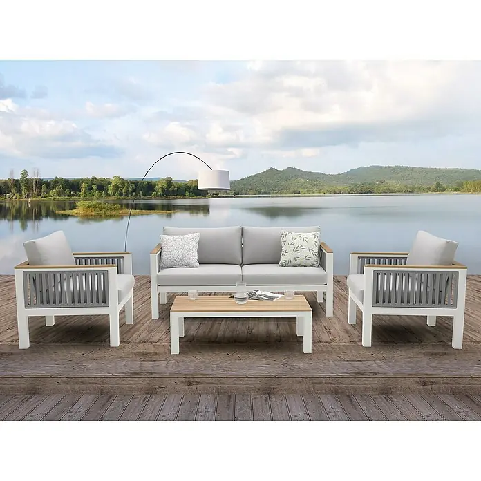 Sunfun Conjunto de muebles Samay - 4 pzs., Aluminio/Cuerda sintética, Gris/Blanco - Elegante conjunto de muebles de exterior con sofá, sillones y mesa. Perfecto para relajarse al aire libre con diseño elegante y cojines cómodos.
