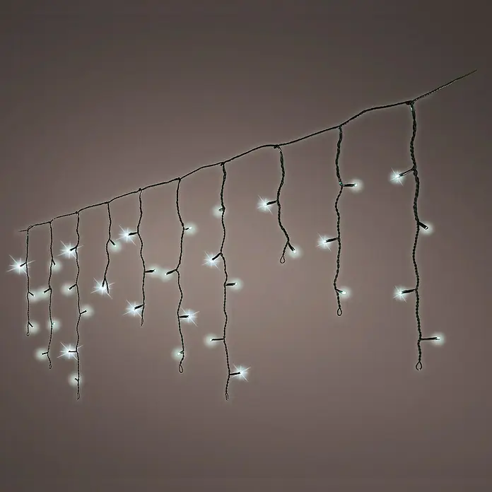 Guirnalda luminosa LED Cortina - Para interior, Color de luz: Blanco cálido, Número de bombillas: 119 ud., 5 m - Guirnalda de luces con luces LED colgantes en forma de carámbanos que brillan en blanco cálido, creando un ambiente festivo.