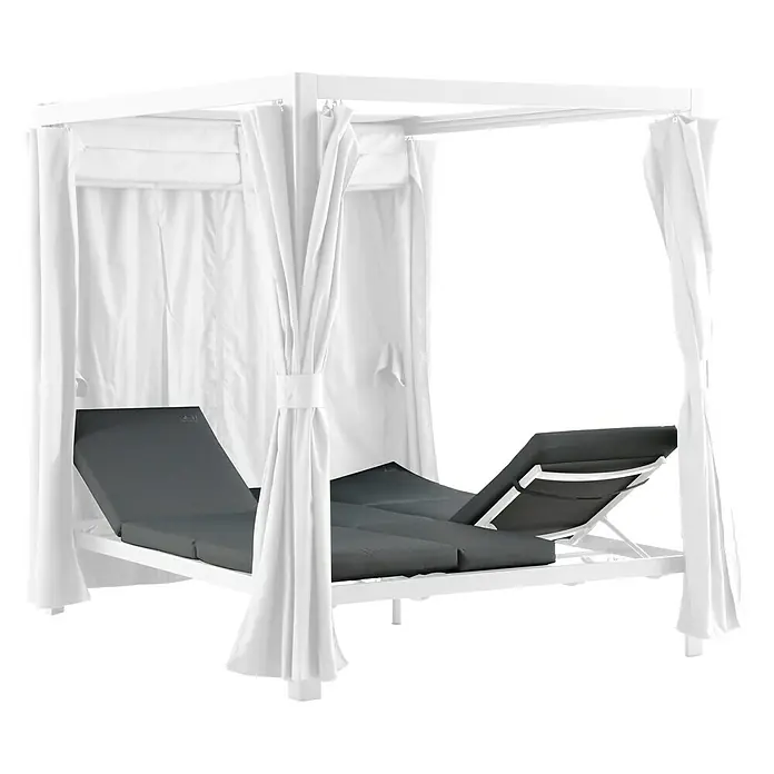 Sunfun Tumbona de jardín India - An x Pr x Al: 167 x 206 x 200 cm, Aluminio/Poliéster, Blanco - Elegante tumbona con estructura blanca y cojines grises. Las cortinas blancas aportan privacidad y un toque de lujo. Ideal para relajarse.