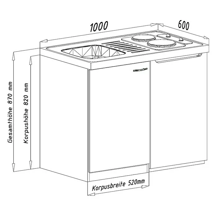 Respekta Miniküche Levin - 100 cm, Weiß, Mit Glaskeramikkochfeld - Ansicht eines Küchenblocks mit Spüle und Herd mit den Maßen 1000 x 600 x 870 mm, Korpusbreite 520mm.