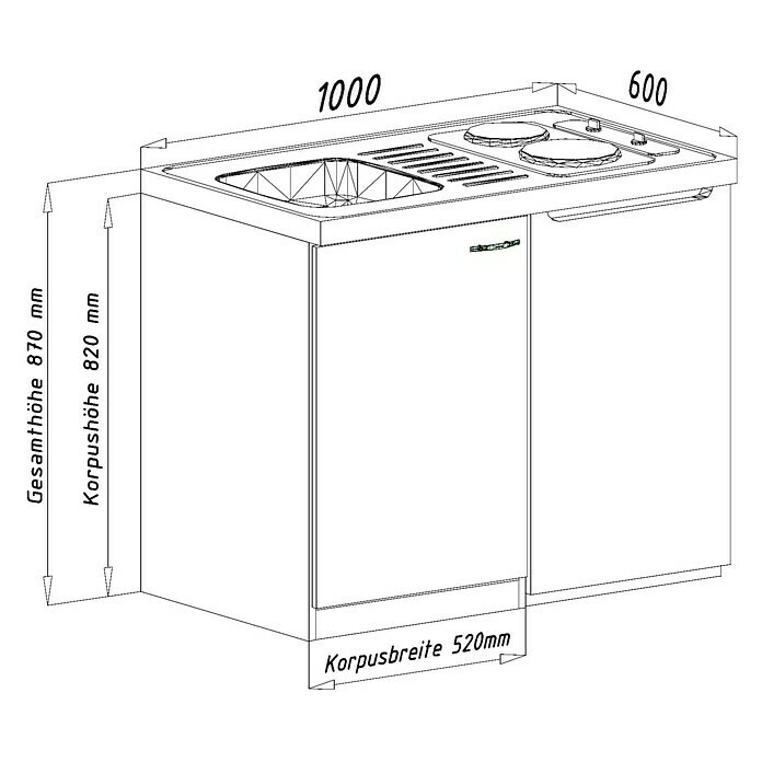 Respekta Miniküche MK100ESGCBreite: 100 cm, Mit Glaskeramikkochfeld, Grau Sketch