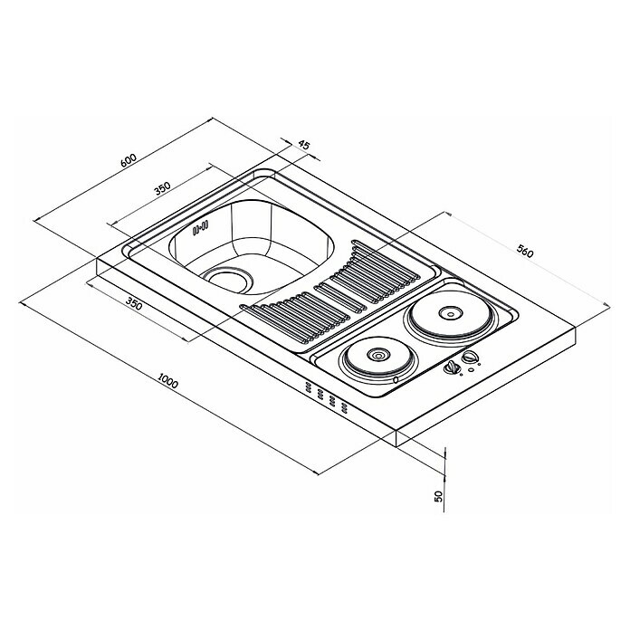 Respekta Miniküche MK100ESGOSSBreite: 100 cm, Mit Duo-Kochmulde, Grau Sketch