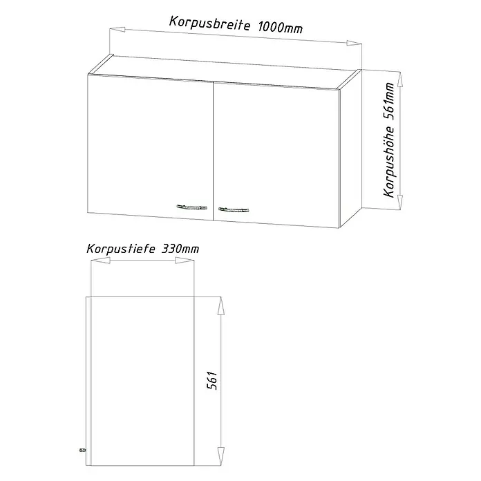 Respekta Miniküche Levin - Breite: 130 cm, Weiß, Mit Platten-Kochfeld - Abbildung eines Hängeschranks mit den Maßen: Korpusbreite 1000mm, Korpustiefe 330mm und Korpushöhe 561mm.