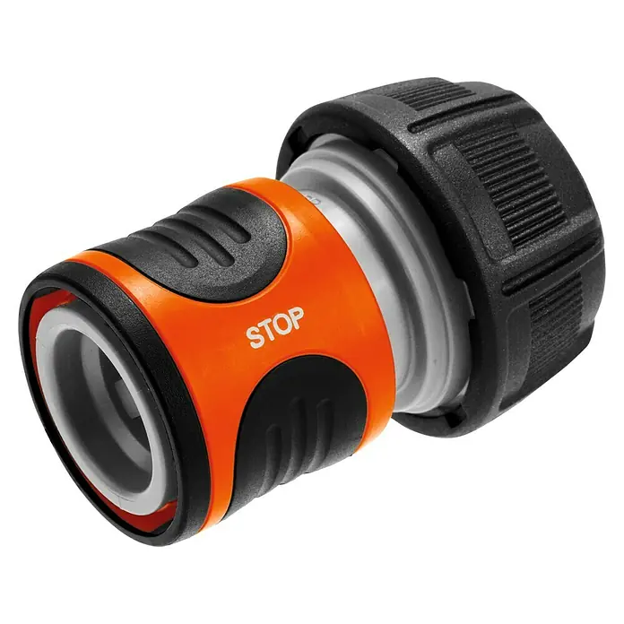 Gardena Schlauchverbinder Satz - ¾″ - Nahaufnahme einer Gardena Schlauchkupplung mit Wasserstop-Funktion, ideal für die Gartenbewässerung. Robuste Ausführung in Orange und Schwarz.