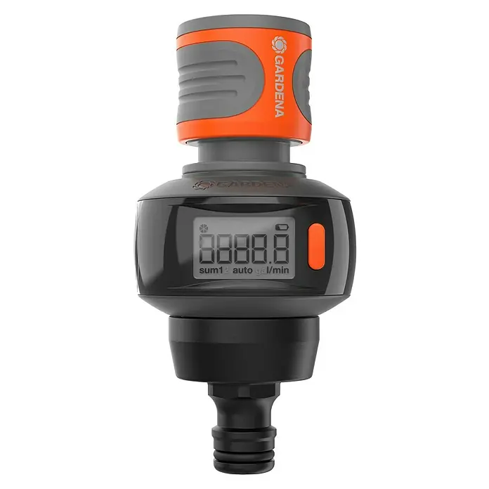Gardena Wasserzähler AquaCount - Batteriebetrieben - Nahaufnahme eines Gardena Wasserzählers zur präzisen Messung des Wasserverbrauchs im Garten, mit digitaler Anzeige und intuitiver Bedienung.