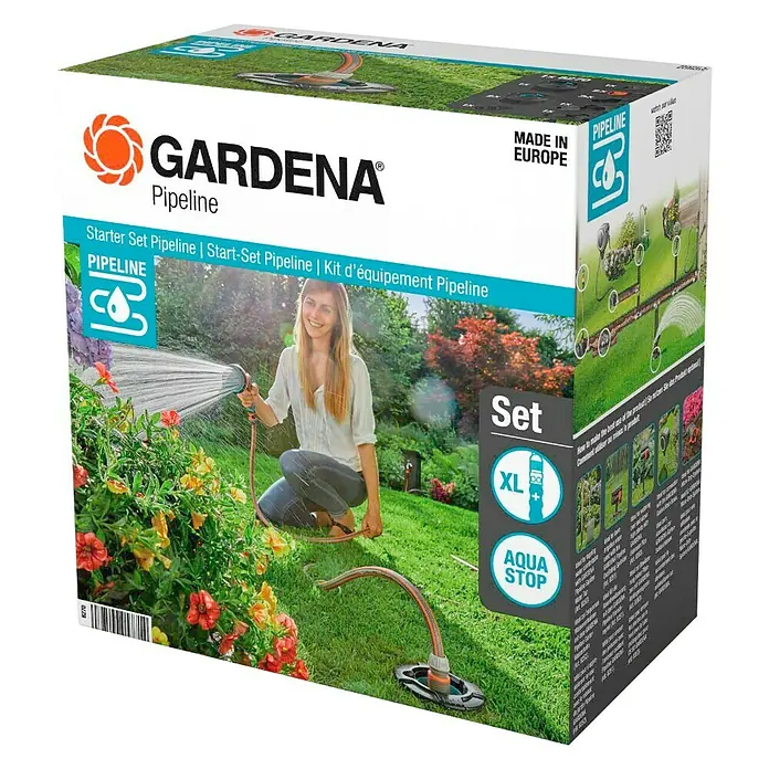 Gardena Sprinklersystem Bewässerungs-Set Pipeline Start-Set - 9 -tlg. - Ein Karton des GARDENA Pipeline Starter-Sets, ideal für die Bewässerung von Gärten. Inklusive Schlauch und Anschlüssen für den einfachen Start.