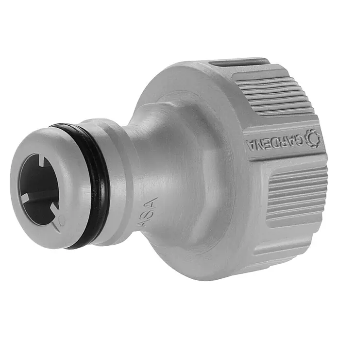 Gardena Hahnverbinder - Passend für: G 3/8″ Wasserhahn mit G 1/2″ Gewinde, Einsatzbereich: Bewässerungstechnik - Grauer Gardena-Schlauchverbinder mit schwarzem Dichtungsring, ideal für die Gartenbewässerung und Zubehör für Gartenschläuche.