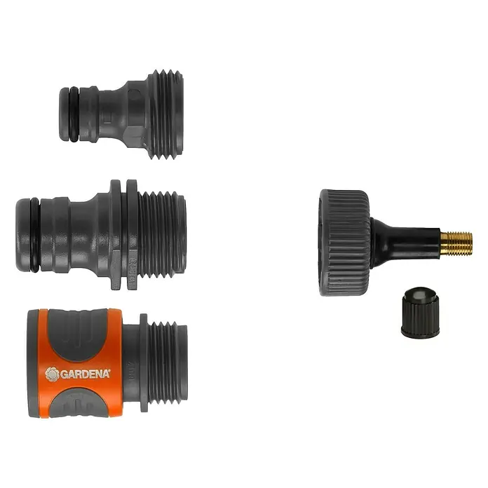 Gardena Sprinklersystem Entwässerungsventil Set - Passend für: Gardena Sprinkleranlagen, 4 -tlg. - Bild von Gartenschlauchverbindern und einem Reifenventil.