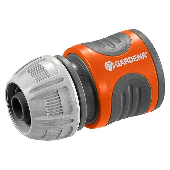 Gardena Schlauchverbinder2 -tlg., Passend für: ½″-Schläuche Ø 13 mm & ⁵⁄₈″-Schläuche Ø 15 mm - Nahaufnahme eines Gardena Schlauchverbinders aus grauem und orangefarbenem Kunststoff, der für eine sichere und einfache Verbindung von Gartenschläuchen sorgt.