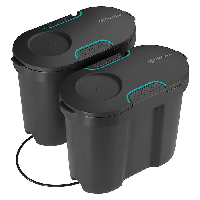 Gardena Micro-Drip Wasserspeicher AquaBloom - Fassungsvermögen: 10,5 l - Zwei Gardena Micro-Drip-System Pflanzkastenbewässerungen, die eine zuverlässige und präzise Bewässerung für Pflanzen in Pflanzkästen bieten.