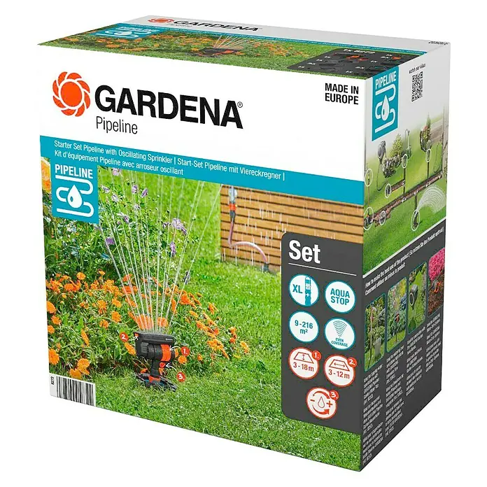Gardena Sprinklersystem Pipeline-Start-Set Viereckregner - 11 -tlg. - GARDENA Pipeline Starter Set mit Schwingregner: Komplett-Set für die Gartenbewässerung mit Flächenregner.