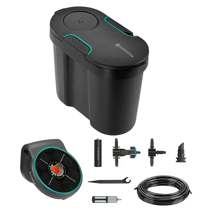 Gardena Bewässerungs-Set AquaBloom + Wasserreservior - Solarbetrieben - Gardena Urlaubsbewässerungssystem mit Bewässerungscomputer, Pumpe, Verteiler, Tropfern und Schlauch für die Bewässerung von bis zu 36 Pflanzen.