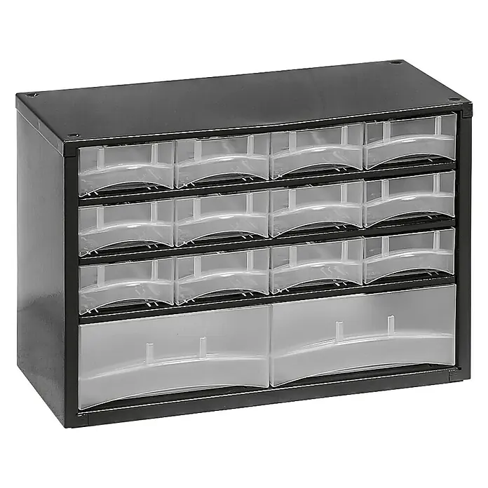 Lockweiler Kleinteilemagazin Sortus CD S 14 - Schwarz, Anzahl Schubladen: 14 Stk. - Schubladenmagazin in Schwarz mit durchsichtigen Schubladen, ideal für Werkstatt oder Hobbyraum zur Aufbewahrung von Kleinteilen.