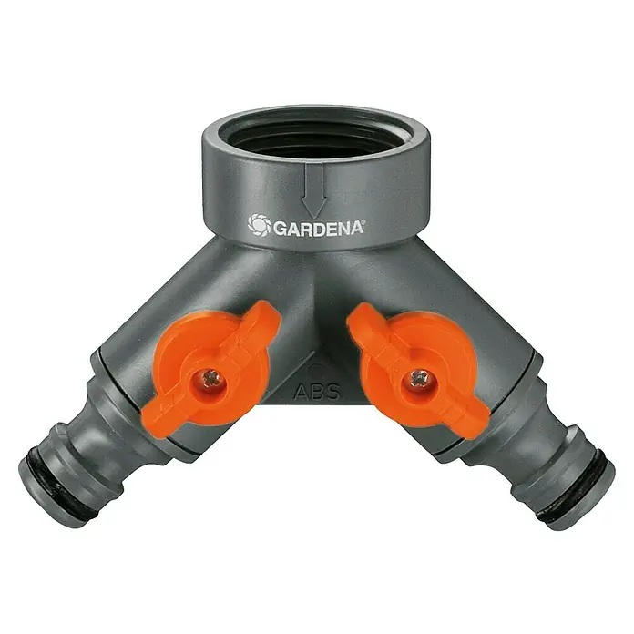Gardena 2-Wege-Ventil - ¾″ - Grauer GARDENA 2-Wege-Verteiler mit zwei orangenen Ventilen zur Bewässerung im Garten.