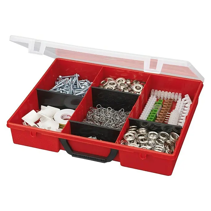 Wisent Kleinteilekoffer 4-3/4 - Anzahl Fächer: 17 Stk., 365 x 290 x 65 mm - Rote Sortimentsbox mit transparentem Deckel, gefüllt mit Schrauben, Ösen, Ketten und Klemmen. Ideal für Handwerker und Heimwerker zur Aufbewahrung von Kleinteilen.