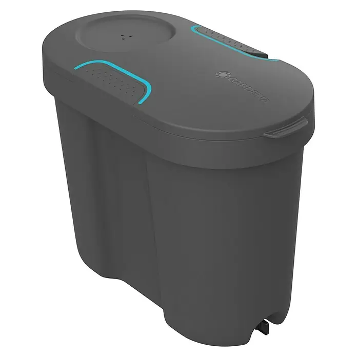 Gardena Bewässerungs-Set AquaBloom + Wasserreservior - Solarbetrieben - Grauer GARDENA Regenspeicher mit blauem Akzent, ideal für die Gartenbewässerung und Regenwassernutzung. Praktisch und umweltschonend.