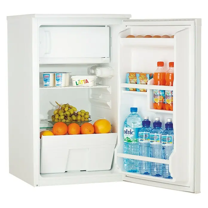 Respekta Minicocina Pantry100 - Ancho: 100 cm, Blanco, Con encimera Duo y nevera - Frigorífico abierto lleno de frutas, bebidas y productos lácteos. Perfecto para hogares pequeños o como almacenamiento adicional.