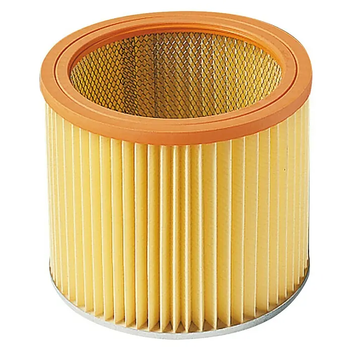 Thomas Patronenfilter Nass-/Trockenfilter - B x L: 18,4 x 40,4 cm, Passend für: Thomas Multisauger - Ein zylindrischer Luftfilter mit gelben Falten und orangefarbenen Rändern, ideal für Staubsauger oder Luftreiniger.