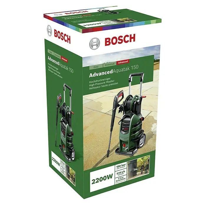 Bosch Hochdruckreiniger AdvancedAquatak 150 - 2.200 W - Karton des Bosch AdvancedAquatak 150 Hochdruckreinigers mit technischen Daten und Produktbildern, ideal für Reinigungsarbeiten im Außenbereich.