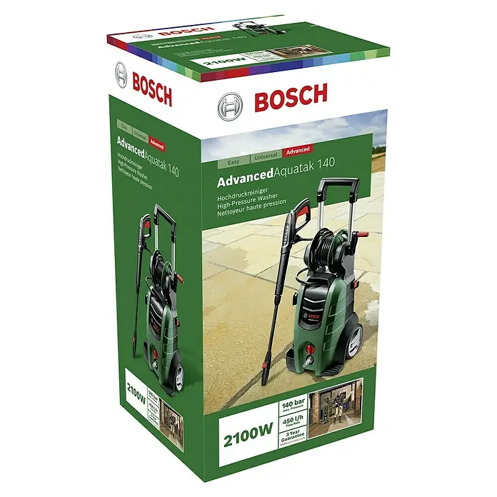 Bosch Hochdruckreiniger AdvancedAquatak 140 - 2.100 W, Betriebsdruck: 140 bar - Bild des Bosch Advanced Aquatak 140 Hochdruckreinigers in der Produktverpackung.