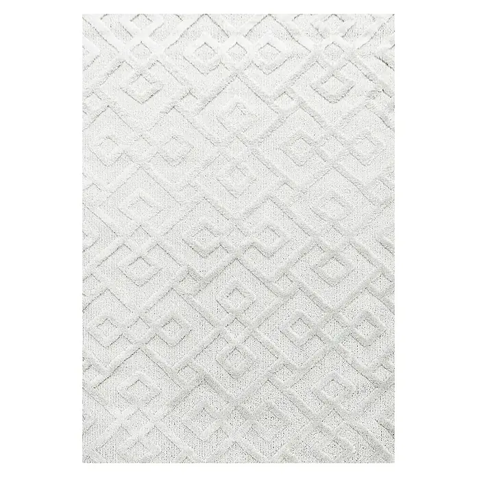 Hochflorteppich Pisa 4708Cream, 110 x 60 cm, 100% Polypropylen - Nahaufnahme eines weißen Teppichs mit einem geprägten, geometrischen Rautenmuster, das Textur und Design hervorhebt.