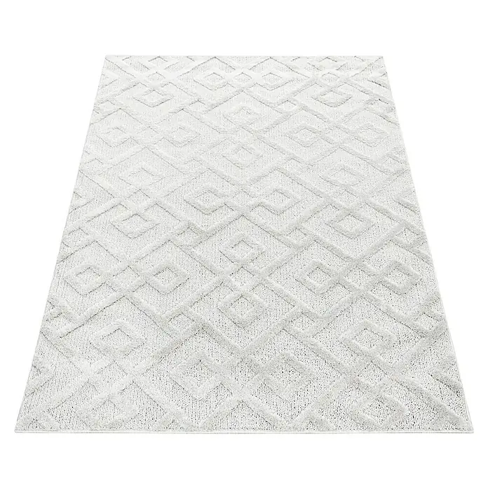 Hochflorteppich Pisa 4708 - Cream, 340 x 240 cm, 100% Polypropylen - Weicher, weißer Teppich mit einem geometrischen Rautenmuster, der jedem Raum eine elegante und komfortable Note verleiht.