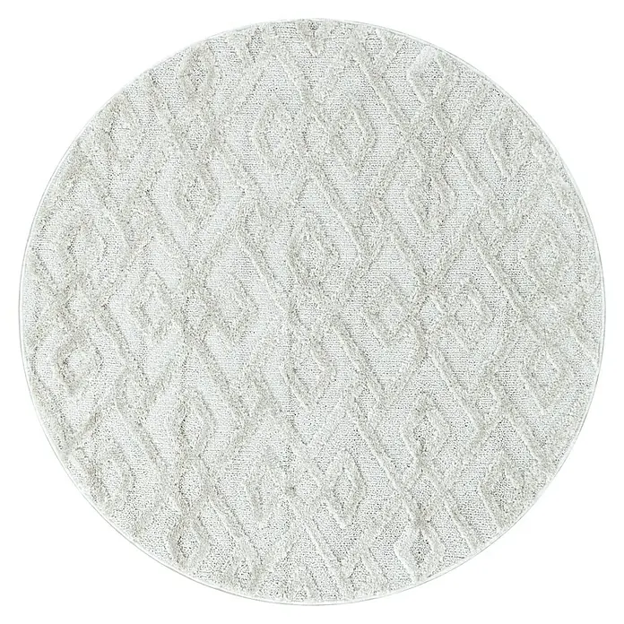 Hochflorteppich Pisa 4708 - Cream, Durchmesser: 80 cm, 100% Polypropylen - Ein runder, weißer Badteppich mit einem geprägten Rautenmuster, der eine weiche und stilvolle Ergänzung für jedes Badezimmer darstellt.