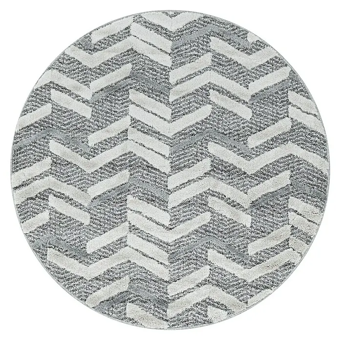 Hochflorteppich Pisa 4705Grau, Durchmesser: 80 cm, 100% Polypropylen - Runder Teppich mit einem stilvollen Zickzackmuster in Grau- und Weißtönen, ideal für moderne Wohnräume und zur Aufwertung des Fußbodens.