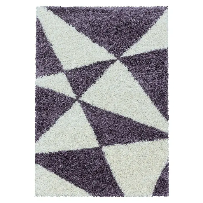 Hochflorteppich Tango 3101Lila, 200 x 140 cm, 100% Polypropylen - Nahaufnahme eines Teppichs mit geometrischem Muster in Lila und Weiß.