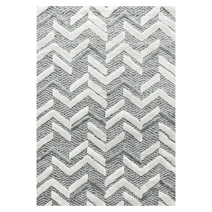 Hochflorteppich Pisa 4705Grau, 250 x 80 cm, 100% Polypropylen - Nahaufnahme eines stilvollen grauen Teppichs mit einem eleganten, erhabenen Fischgrätenmuster, das Textur und Raffinesse in jeden Raum bringt.