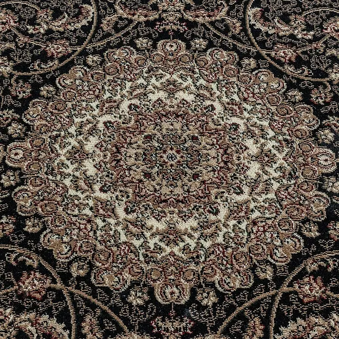 Kurzflorteppich Kashmir 2606Schwarz, 340 x 240 cm, 100% Polypropylen - Nahaufnahme eines orientalischen Teppichs mit aufwendigem Blumenmuster in Beige-, Braun- und Schwarztönen.