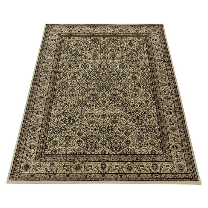 Kurzflorteppich Kashmir 2602Beige, 150 x 80 cm, 100% Polypropylen - Ein detailreicher Teppich in Beige und Braun mit floralem Muster und Bordüre, der Wärme und Eleganz in jeden Raum bringt.