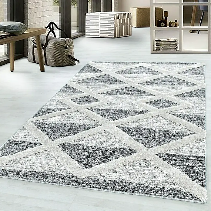 Hochflorteppich Pisa 4709Grau, 230 x 160 cm, 100% Polypropylen - Grau-weißer Teppich mit modernem geometrischen Muster. Ein stilvoller Akzent für jeden Raum, der Komfort und Design vereint.