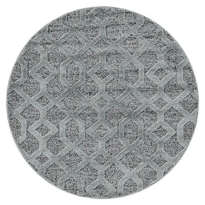 Hochflorteppich Pisa 4702 - Grau, Durchmesser: 200 cm, 100% Polypropylen - Grauer runder Teppich mit einem geometrischen Muster. Der Teppich hat eine weiche Textur und eine moderne Optik.