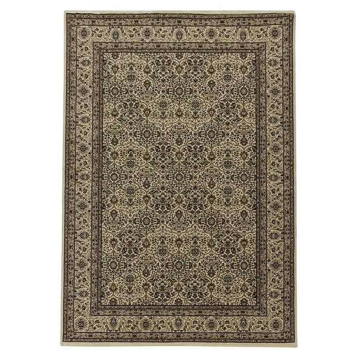 Kurzflorteppich Kashmir 2602Beige, 150 x 80 cm, 100% Polypropylen - Elegantes rechteckiges cremefarbenes Teppichdesign mit detailreichen, dunklen Mustern und Bordüren für ein stilvolles Ambiente.