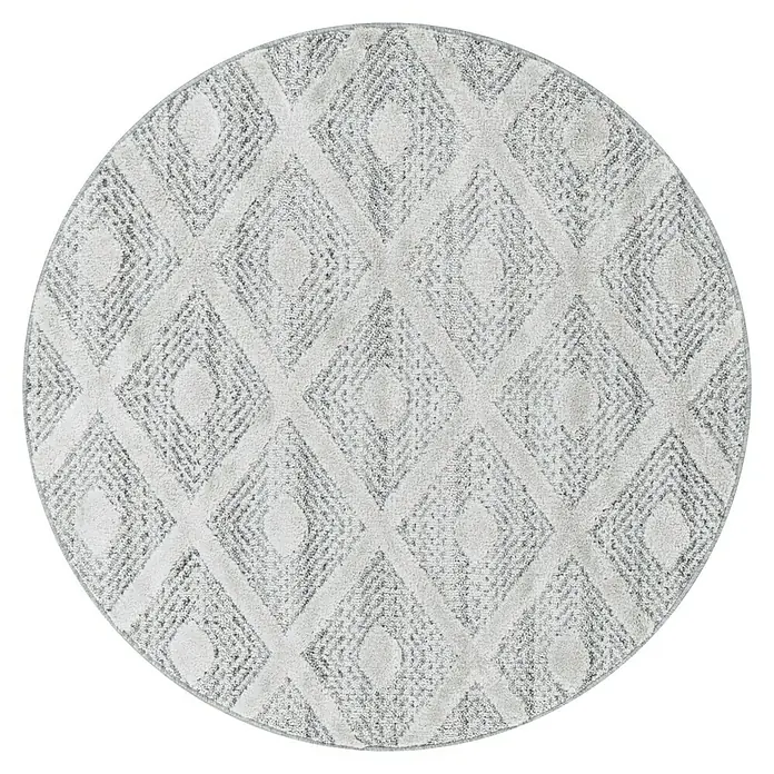 Hochflorteppich Pisa 4707Grau, Durchmesser: 120 cm, 100% Polypropylen - Ein runder, weißer Teppich mit einem rautenförmigen Muster und kleinen Kreisen in jeder Raute, der ein dezentes Design für jeden Raum bietet.