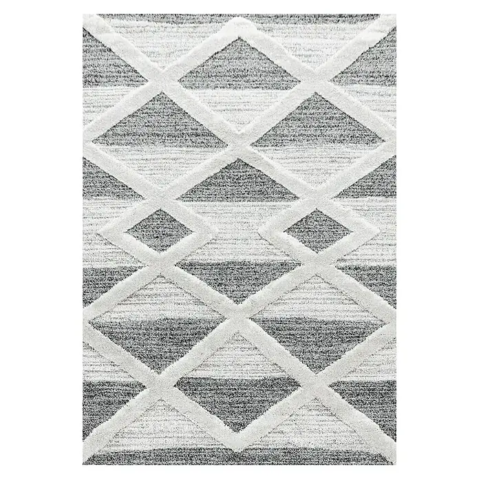 Hochflorteppich Pisa 4709Grau, 230 x 160 cm, 100% Polypropylen - Teppich mit einem sich wiederholenden Rautenmuster in Grau- und Weißtönen, ideal für moderne Wohnräume.