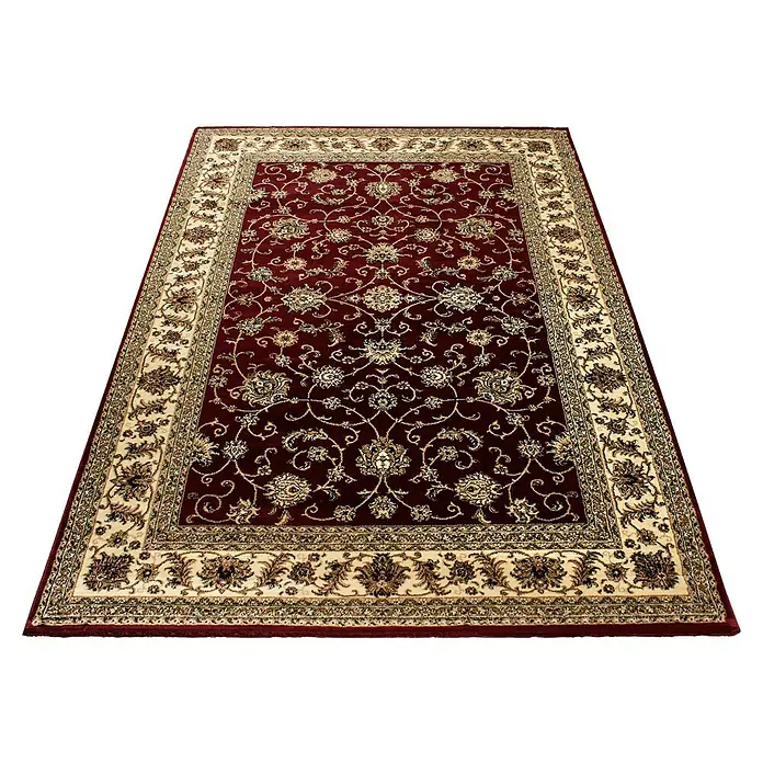 Kurzflorteppich Orient-Optik Marrakesh 0210Rot, 170 x 120 cm, 100% Polypropylen - Elegantes burgunderrotes Orientteppich mit floralem Muster und beigem Rand, perfekt für klassische und moderne Einrichtungen.