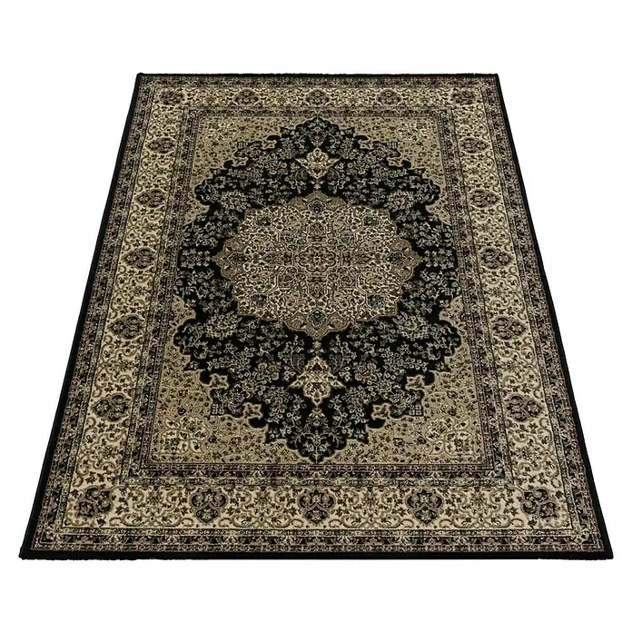 Kurzflorteppich Kashmir 2608 - Schwarz, 150 x 80 cm, 100 % Polypropylen - Ein prunkvoller Teppich mit einem eleganten, floralen Muster und einer dunklen Farbpalette, die jedem Raum einen Hauch von Luxus verleiht.