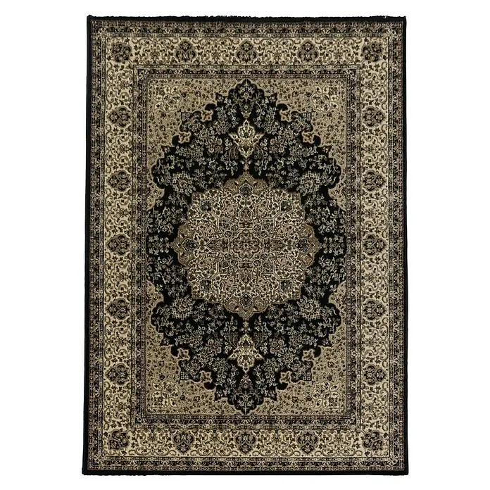 Kurzflorteppich Kashmir 2608Schwarz, 230 x 160 cm, 100% Polypropylen - Elegantes persisches Teppichdesign mit dunklen und beigen Farbtönen, das jedem Raum einen Hauch von Tradition und Stil verleiht.
