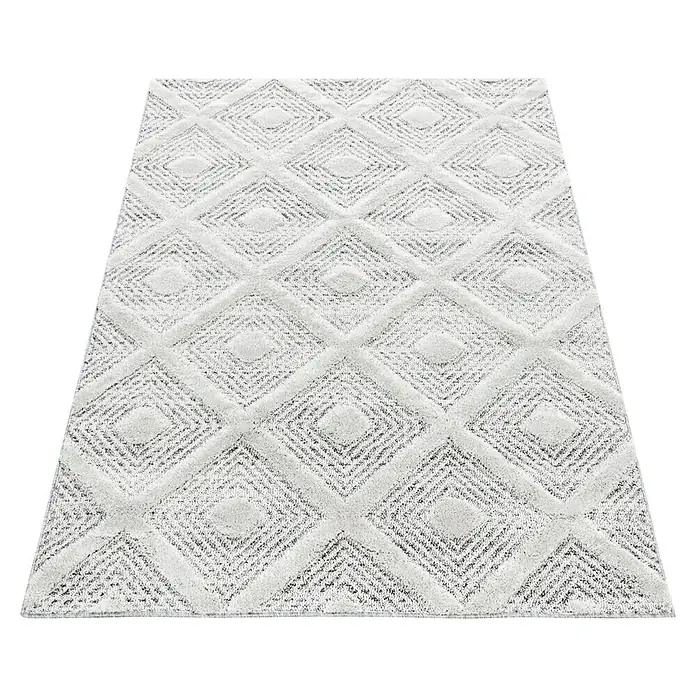 Hochflorteppich Pisa 4707Grau, 150 x 80 cm, 100% Polypropylen - Dieser Teppich verfügt über ein geometrisches Rautenmuster. Er ist weiß und hat einen weichen Flor, ideal für Wohn- und Schlafzimmer.